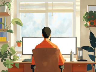 Fototapeta premium Illustration of a freelancer shopping for office supplies online from their home office for added convenience