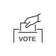 Hand voting ballot box icon, logo. Icon hand puts a ballot paper into a ballot box. Simple line design, editable strokes.
