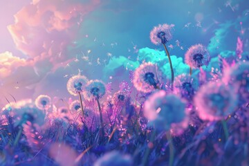 A field filled with dandelions blowing in the wind against a backdrop of a clear blue sky. - obrazy, fototapety, plakaty
