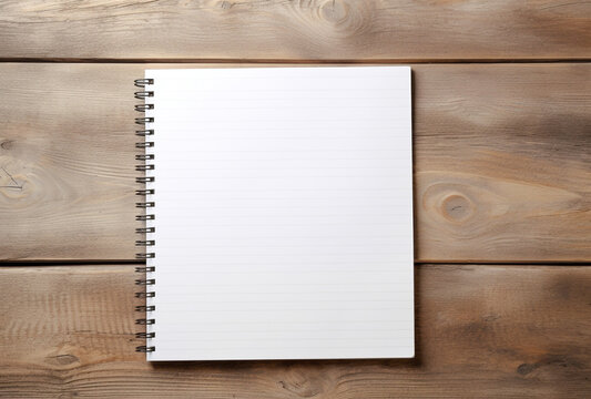 A closed spiral notebook with a black or dark blue cover rests on a wooden table. Space for text.