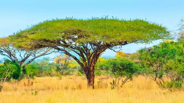 Closeup of acacia tree in Serengeti National Park in Tanzania, East Africa, dry season. Africa safari scene in savannah landscape. African tree in african scene. Copy space. Blue sky.