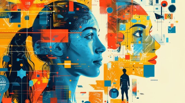 Abstract digital art of human profiles with geometric and graphic elements. Colorful contemporary collage. Modern technology and identity concept. Design for poster, wallpaper, banner