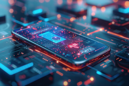 Mobile technology with text "AI" on screen, abstract background technology. AI Generated