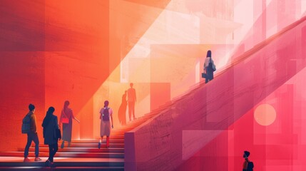 Silhouettes of people ascending and descending in a vibrant abstract urban environment. Dynamic city life and motion concept. Design for poster, wallpaper, banner