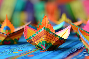 Vibrant Cinco de Mayo Origami Boats on Festive Cloth - obrazy, fototapety, plakaty