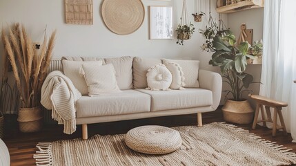 A boho-inspired living room decorated with earthy tones, a comfortable sofa, and natural decor elements like wicker and plants