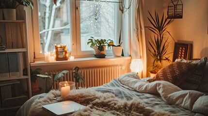 The bedroom bathed in warm light, featuring a cozy bed with plush blankets, lit candles, and a serene winter view