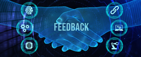 Feedback concept, user comment rating of company online, writing review diagram, reputation management. 3d illustration - obrazy, fototapety, plakaty