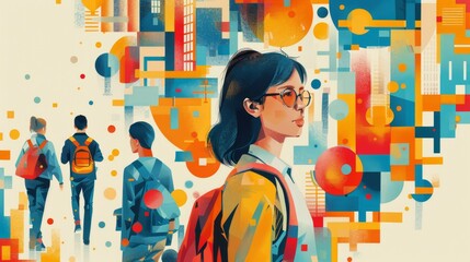 Artistic representation of a woman with glasses in a vibrant, abstract city. Concept of urban life and diversity. Design for poster, wallpaper, banner