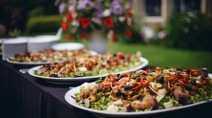 salad with vegetables and meat Catering wedding buffet for events Wedding Buffet Party - obrazy, fototapety, plakaty