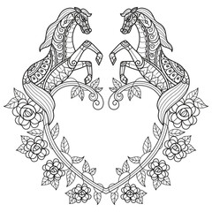Horse and heart frame hand drawn for adult coloring book