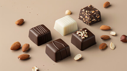 Chocolate candy with nuts on isolated background