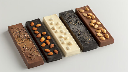 A chocolate bar featuring assorted chocolate types and nuts on an isolated background