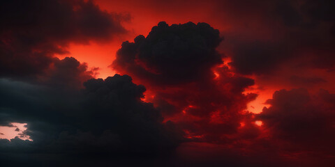 Black clouds against a red sky