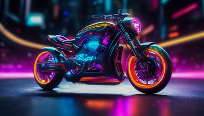 Esplora l'Avanguardia- Design Futuristico di Motocicletta con Luci Neon su Sfondo scuro - obrazy, fototapety, plakaty