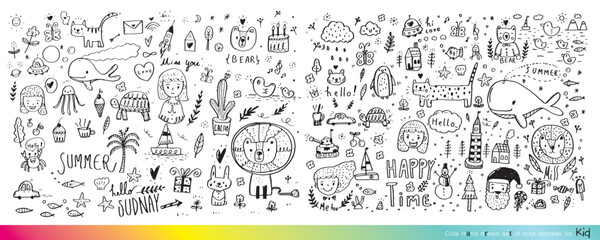 Collection of hand drawn cute doodles,Doodle children drawing,Sketch set of drawings in child style,Funny Doodle Hand Drawn,Page for coloring, cute animal