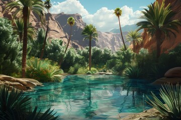 This photo captures a serene desert oasis with palm trees and a shimmering river.