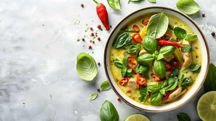 Thai green curry with decoration of tradition herb, Top view angle - obrazy, fototapety, plakaty