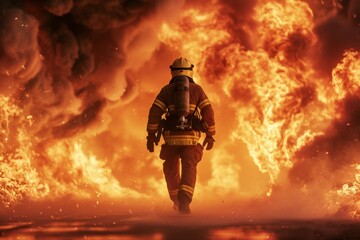  the raw courage of a firefighter in action as he races towards towering flames - obrazy, fototapety, plakaty