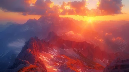 Papier Peint photo Violet Epic Mountain Sunset: A breathtaking landscape shot capturing the vibrant hues of a sunset over towering mountain peaks, evoking a sense of adventure.