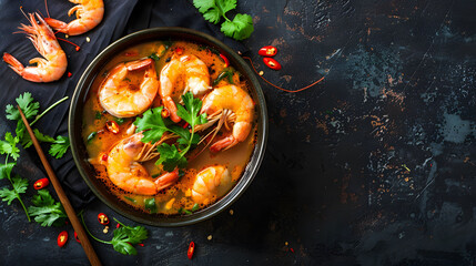 Spicy Thai Shrimp Soup (Tom Yum Goong) with Fresh Herbs in Theme Luxury and High-End Product Photography
