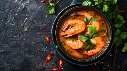 Spicy Thai Shrimp Soup (Tom Yum Goong) with Fresh Herbs in Theme Luxury and High-End Product Photography
