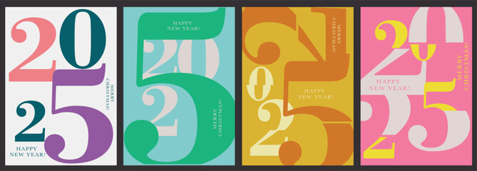 Set Numbers 2025 Year. Happy New Year 2025 and Merry Christmas. Background Numbers in the Green, Black, Pink, Orange Colors. Vector Illustration for Web Banners, Social Media Posts, Posters.