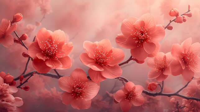 The image represents a beautiful spring scene showcasing a pink cherry blossom tree in full bloom