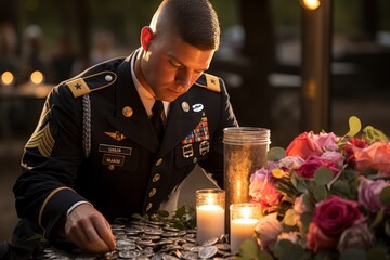 An emotional depiction of a soldier paying respects at a fallen comrade s grave during sunset, representing the solemnity and sacrifice of war. - obrazy, fototapety, plakaty