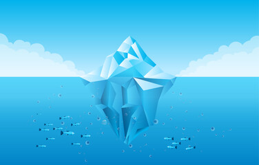 Iceberg in ocean - Sea landscape with cold blue mountain of ice. Side view with top above water and big part under water in flat design vector illustration