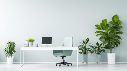 Clean modern empty office setting with green house