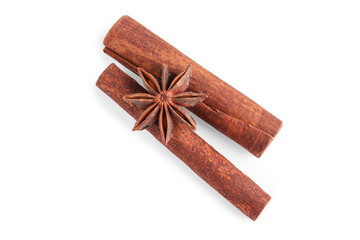 Cinnamon sticks and anise star isolated on white, top view