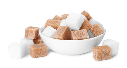 Different types of sugar in bowl isolated on white