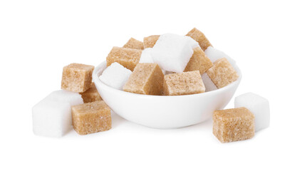 Different types of sugar in bowl isolated on white