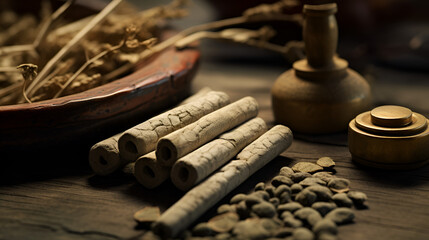 cinnamon sticks and powder Chinese medicine health and cure moxibustion  - obrazy, fototapety, plakaty