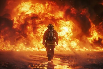 the heart-pounding moment of a fearless firefighter sprinting towards massive flames - obrazy, fototapety, plakaty