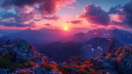 Poster Kürzen Epic Mountain Sunset: A breathtaking landscape shot capturing the vibrant hues of a sunset over towering mountain peaks, evoking a sense of adventure.
