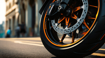 Closeup of new motorbike front wheel . Big bike pa
