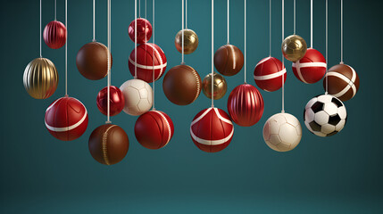 Christmas decoration hanging from sports ball 
sport christmas or new year bauble ball hanging on thread Football soccer ball xmas christmas background balls isolated red golden 3d rendering

