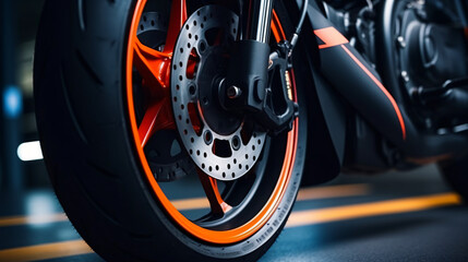 Closeup of new motorbike rear wheel . Big bike par