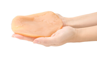 Making kombucha. Woman holding Scoby fungus on white background, closeup