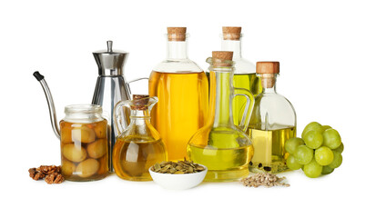 Vegetable fats. Different cooking oils and ingredients isolated on white