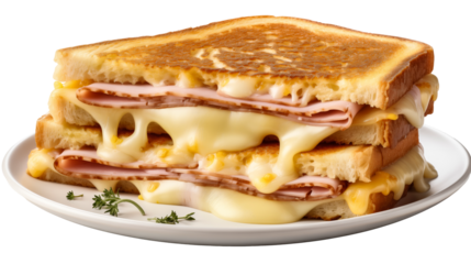 A ham and cheese grilled sandwich on a plate isolated on transparent background -PNG