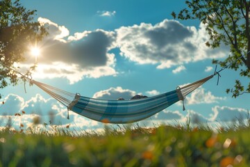 Person relaxing in a hammock under the sun - A serene moment as a person unwinds in a hammock set between trees on a sunny day with clouds above