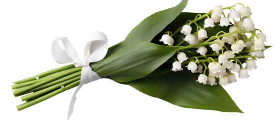 A bunch of delicate lily of the valley flowers in full bloom isolated on transparent background