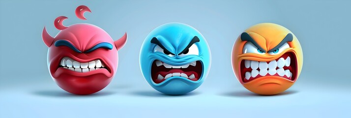 3D angry emojis with expressive faces - Computer-generated 3D emojis showing a range of angry expressions for digital communication - obrazy, fototapety, plakaty