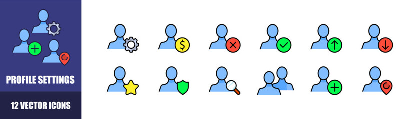 Profile settings icon set. Flat style. Vector icons