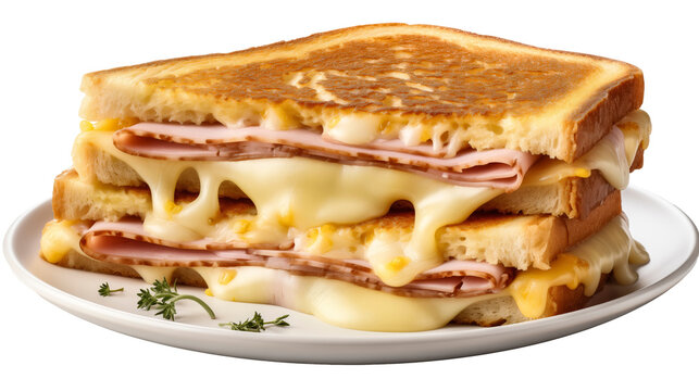 A ham and cheese grilled sandwich on a plate isolated on transparent background -PNG