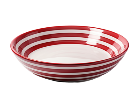 A red and white striped bowl on a table