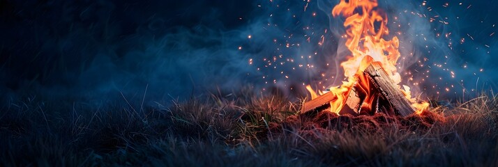 Campfire burning brightly under a night sky - The dynamic image showcases the intensity and warmth of a campfire against the dark, moody backdrop of the night - obrazy, fototapety, plakaty